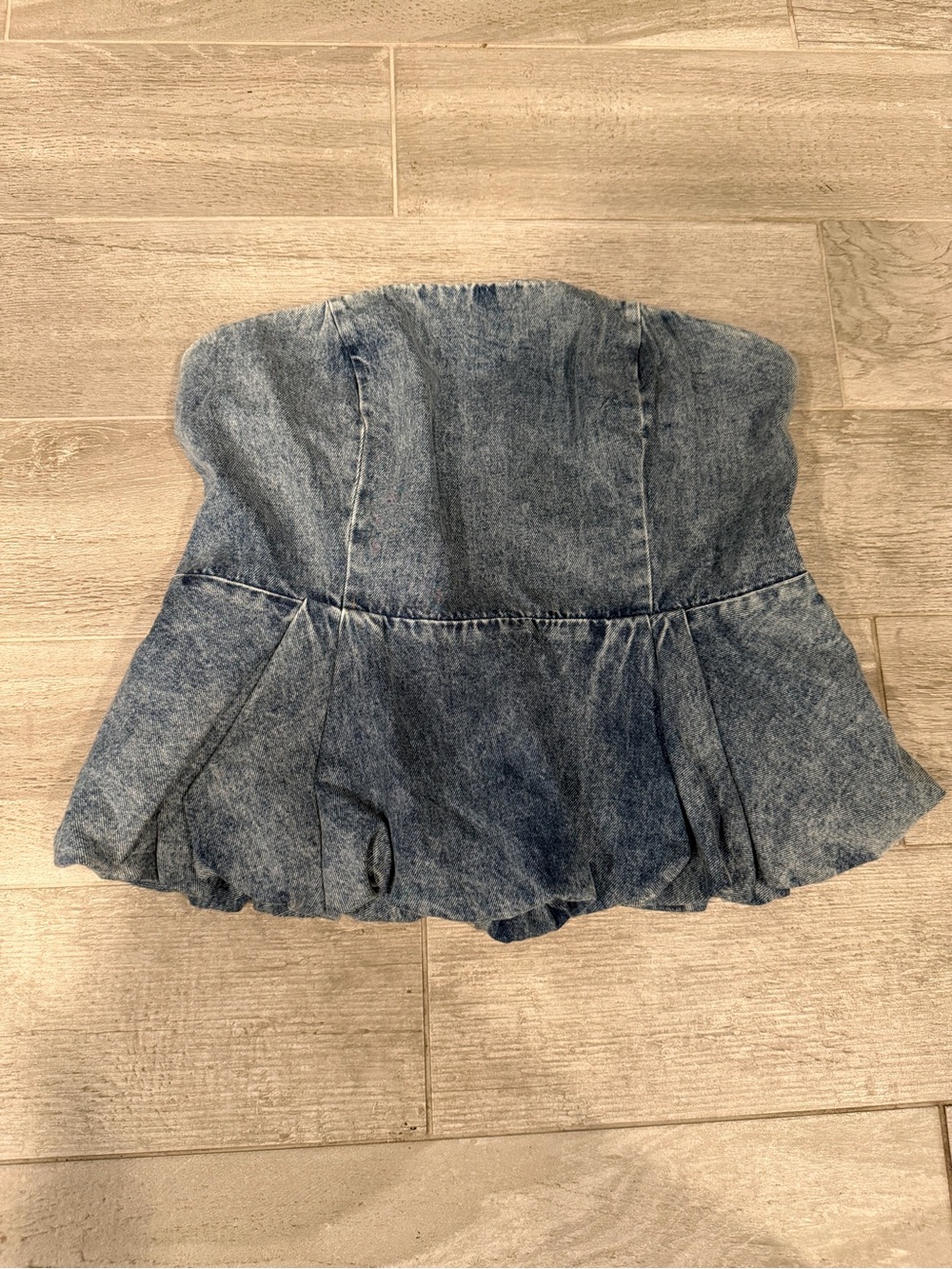 Strapless Denim Peplum Crop Top - Light Blue